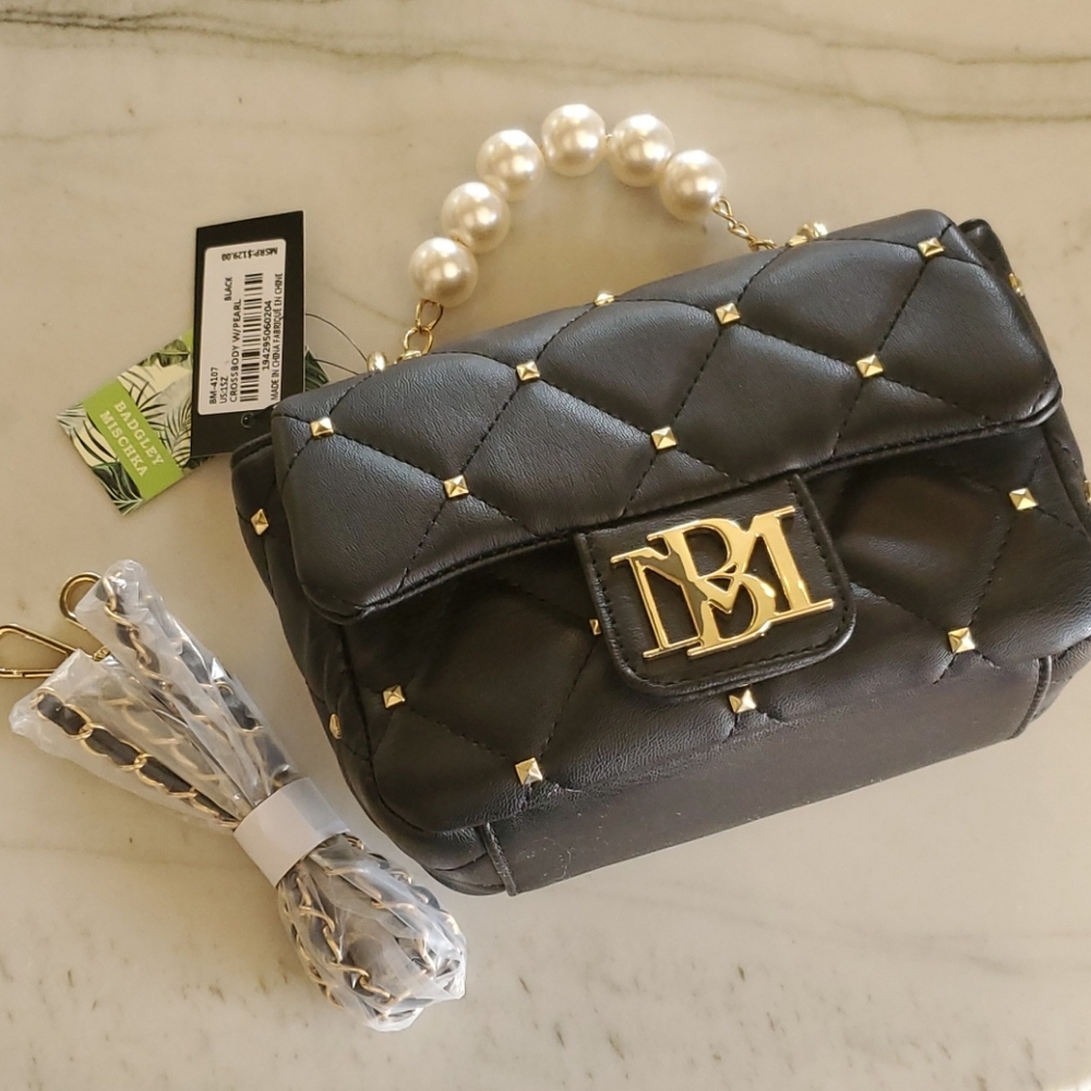 ✨️Badgley Mischka Black & Gold Evening bag Pearl Handle with  Shoulder strap